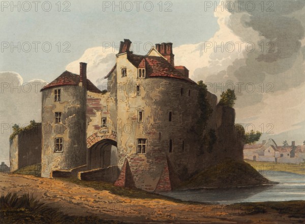 St. Briavils Castle around 1860, historic 11th century castle in Gloucestershire, England, known for its powerful gatehouse, in the village of St Briavels in the English county of Gloucestershire, authentic, digitally restored reproduction from a 19th century model, exact date of depiction unknown, historical