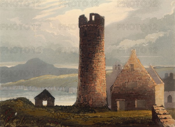 Peel Castle round tower, a ruined castle in Peel on the British Isle of Man, originally built by the Vikings, around 1860, England, authentic, digitally restored reproduction from a 19th-century model, exact date of depiction unknown, historical