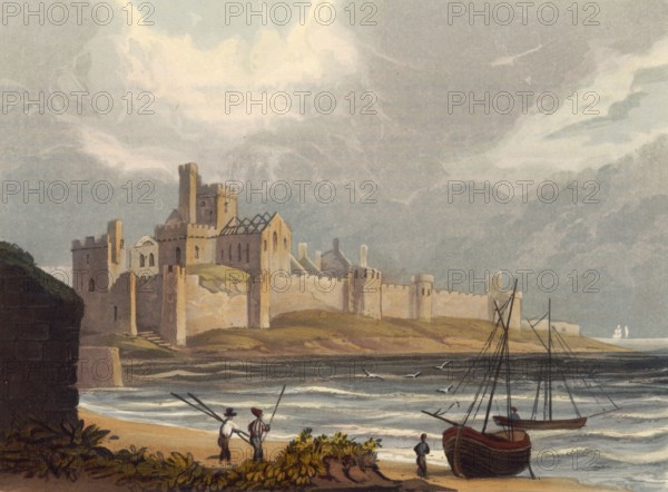Peel Castle is a castle ruin in Peel on the British Isle of Man, originally built by the Vikings, around 1860, England, authentic, digitally restored reproduction from a 19th-century model, exact date of depiction unknown, historical