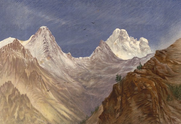 Monte Viso, seen from Col de la Croix, around 1860, the highest peak in the Cottian Alps. It is located in northwestern Italy near the border with France, authentic, digitally restored reproduction from a 19th century model, exact date of depiction unknown, historical