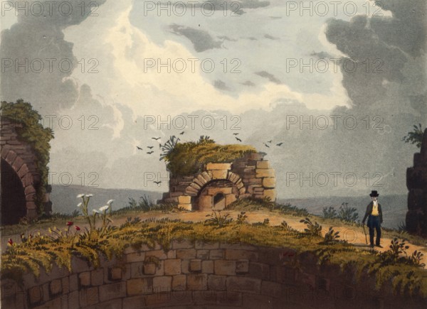 Furnace on the summit of Coningsborough Castle, medieval castle ruins in the village of Conisbrough in the English administrative district of South Yorkshire, England, authentic, digitally restored reproduction from a 19th-century original, exact date of depiction unknown, historical