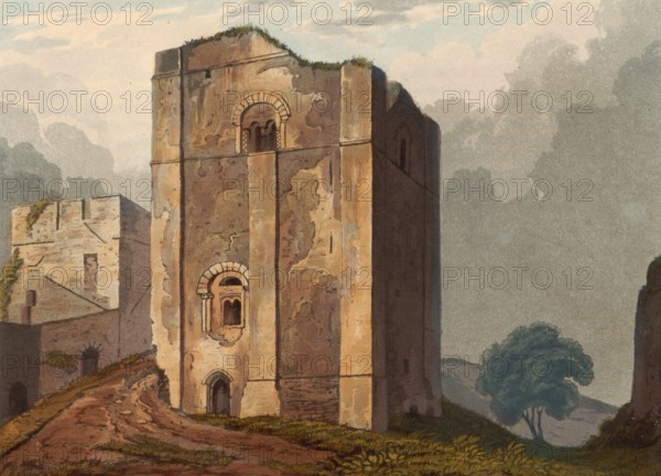 Watch tower of Goodrich Castle around 1840, medieval castle ruins from Norman times, north of the village of Goodrich in the English county of Herefordshire, England, authentic, digitally restored reproduction from a 19th-century model, exact date of depiction unknown, historical