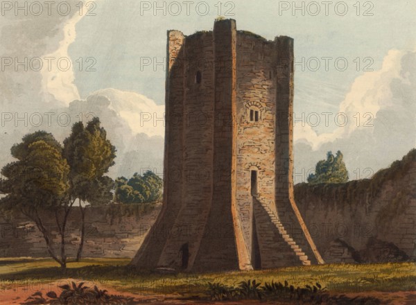 Coningsborough Castle watchtower, around 1840, medieval castle ruins in the village of Conisbrough in the English administrative district of South Yorkshire, England, authentic, digitally restored reproduction from a 19th-century model, exact date of depiction unknown, historical
