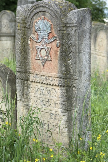 Tombstone with relief of a crown and star of David, Jewish cemetery, since 1866, Czernowicz, Bukovina, Ukraine
