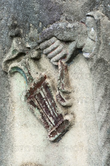 Coloured relief of a Levite pot on a tombstone, Jewish cemetery, since 1866, Czernowicz, Bukovina, Ukraine