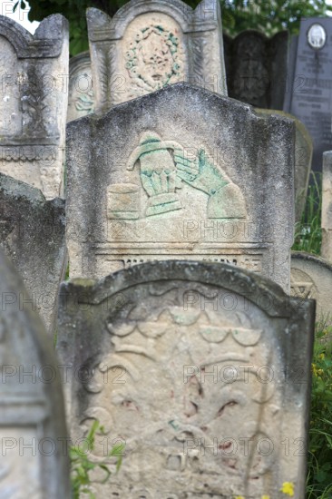 Tombstone with fabulous reliefs of various Jewish symbols, Jewish cemetery, since 1866, Czernowicz, Bukovina, Ukraine
