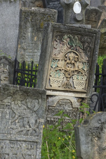 Tombstone, colored relief with Jewish symbols, Jewish cemetery, since 1866, Czernowicz, Bukovina, Ukraine