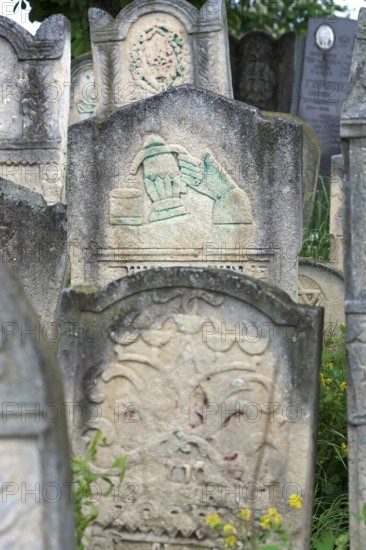 Tombstones with relief of hands, Jewish cemetery, since 1866, Czernowicz, Bukovina, Ukraine