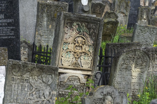 Tombstone with reliefs of various Jewish symbols, Jewish cemetery, since 1866, Czernowicz, Bukovina, Ukraine