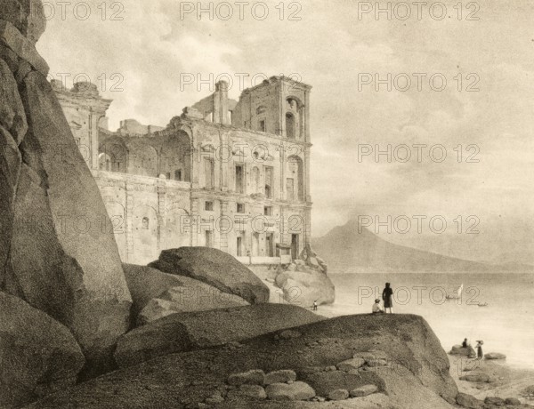 Ruins of the Palazzo della Regina Giovanna, Palace of Queen Joan, 1825, in Naples, Italy, authentic, digitally restored reproduction from a 19th century model, exact date of depiction unknown, historical