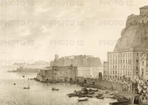 Borgo Santa Lucia, Castel dell'Ovo, a famous fortress on a small island in the Gulf of Naples, around 1840, Italy, authentic, digitally restored reproduction from a 19th-century model, exact date of depiction unknown, historical