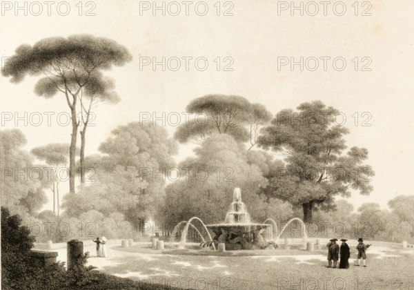 The gardens of Villa Borghese are an extensive 80-hectare park in the heart of Rome, created in 1606 by Cardinal Scipione Borghese, 1820, Rome, Italy, authentic, digitally restored reproduction from a 19th-century model, exact date of presentation unknown, historical