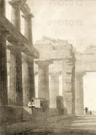 Side gallery of a temple in Pestum, Paestum, around 1860, Italy, authentic, digitally restored reproduction from a 19th century model, exact date of depiction unknown, historical