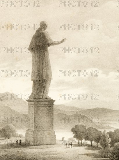 Saint Charles Borromeo, San Carlo Borromeo, 1538 to 1584, Milanese archbishop of the Counter-Reformation. On Lake Maggiore, near his birthplace of Arona, the San Carlone, a huge copper and bronze statue accessible from the inside, commemorates him, around 1850, Italy, authentic, digitally restored reproduction from a 19th century model, exact date of depiction unknown, historical