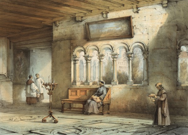 Cloister of the Basilica of Our Lady, Onze-Lieve-Vrouwebasiliek, in Tongeren, around 1860, Belgium, authentic, digitally restored reproduction from a 19th-century model, exact date of depiction unknown, historical