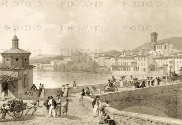 Ponte alla Carraia bridge across the Arno in Florence, around 1850, Italy, authentic, digitally restored reproduction from a 19th century model, exact date of depiction unknown, historical