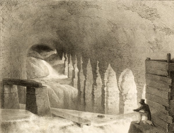 The so-called Palais de Mecene, Villa des Maecenas, in Tivoli refers historically to the monumental ruins of the Sanctuary of Hercules Victor, Santuario di Ercole Vincitore, interior around 1829, Italy, authentic, digitally restored reproduction from a 19th century original, exact date of presentation unknown, historical