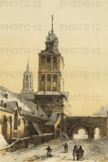 The Catholic Church of St. Servaas in Maastricht, the Netherlands, is a Romanesque, three-nave basilica, which is considered the oldest surviving church in the Netherlands, around 1860, Holland, authentic, digitally restored reproduction from a 19th century model, exact date of presentation unknown, historical