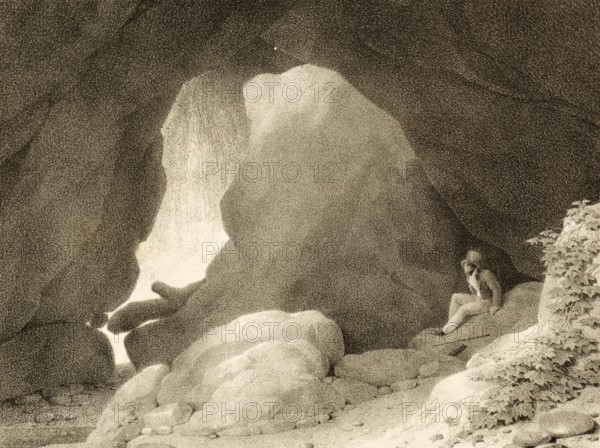 Grotte de Neptune, Tivoli, in the deep valley of the Anio River, formerly known as Valley of Hell, 1830, Italy, authentic, digitally restored reproduction from a 19th-century model, exact date of depiction unknown, historical