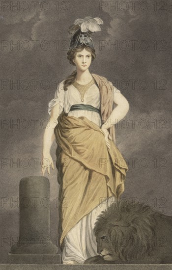 The virtues: bravery, strength. Allegorical female figure, a lion lying at her feet is a traditional attribute of strength and alertness, woman wearing a helmet with feather decoration, authentic, digitally restored reproduction from a 19th century model, exact date of depiction unknown, historical