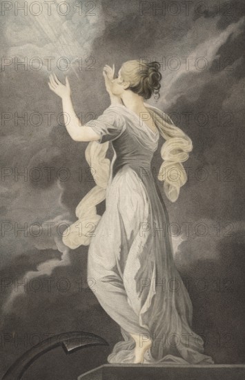 The virtues: hope, allegorical figure of hope looking at a bright light in the midst of dark clouds with raised hands, authentic, digitally restored reproduction from a 19th-century model, exact date of presentation unknown, historical