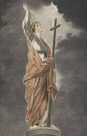 The virtues: Faith, female figure who looks up at the sky and stretches her hand upwards, holds a cross, the traditional symbol of the Christian faith, authentic, digitally restored reproduction from a 19th-century model, exact date of depiction unknown, historical