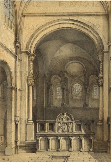 The Catholic Church of St. Servaas in Maastricht, the Netherlands, is a Romanesque, three-nave basilica, which is considered the oldest surviving church in the Netherlands, interior view, around 1860, Holland, authentic, digitally restored reproduction from a 19th century model, exact date of presentation unknown, historical