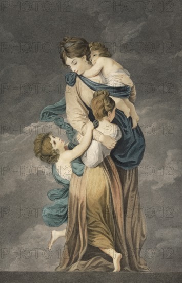 The virtues: Charity, a mother and her children, woman who is lovingly embraced by three children, authentic, digitally restored reproduction from a 19th century model, exact date of presentation unknown, historical