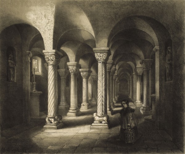 Crypt of Rolduc Abbey Church in Kerkrade, the Netherlands, dates from the 12th century, authentic, digitally restored reproduction from a 19th century model, exact date of depiction unknown, historical