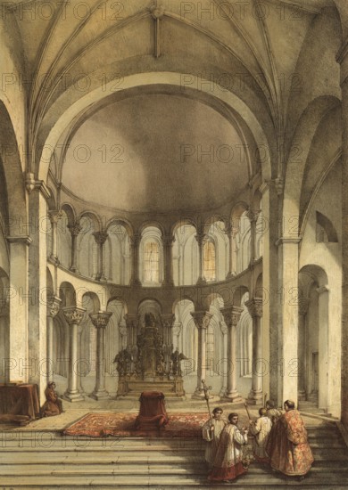 Choir of the Basilica of Our Lady, Basiliek van Onze-Lieve-Vrouw-Tenhemelopneming, in Maastricht, Mastricht, a Catholic church from the late 10th century, around 1850, Holland, authentic, digitally restored reproduction from a 19th century model, exact date of presentation unknown, historical