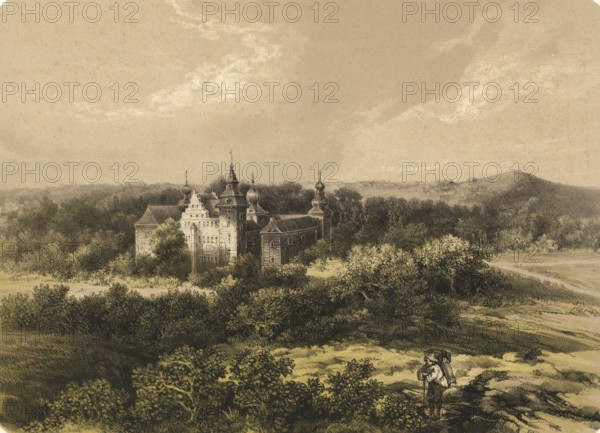 Schaesberg Castle is a castle ruin near Schaesberg between the villages of Landgraaf and Heerlen in the southeast of the Dutch province of Limburg, 1870, Holland, authentic, digitally restored reproduction from a 19th century model, exact date of presentation unknown, historical