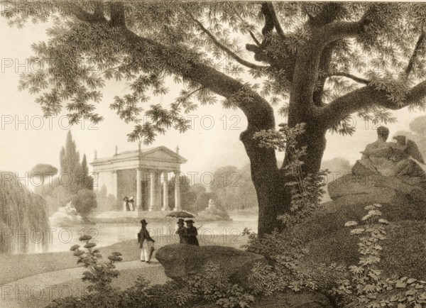 Temple of Aesculapio, Tempio di Esculapio, neoclassical building in the heart of the gardens of Villa Borghese in Rome, 1860, Italy, authentic, digitally restored reproduction from a 19th century model, exact date of presentation unknown, historical