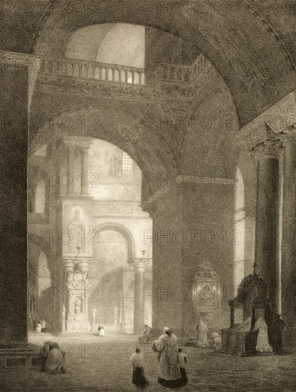 San Martino Church, St. Martin, in the Sestiere Castello in Venice. The interior is characterized by its historical structure and works of art that represent the typical Venetian style, around 1850, Italy, authentic, digitally restored reproduction from a 19th century model, exact date of presentation unknown, historical