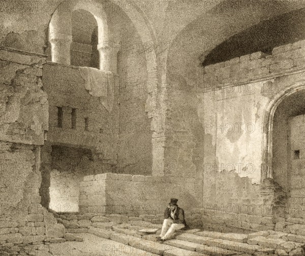 Lower Hall of Queen Joan's Palace, premises within the Palazzo Donn'Anna in Naples, 1830, Italy, authentic, digitally restored reproduction from a 19th century model, exact date of presentation unknown, historical