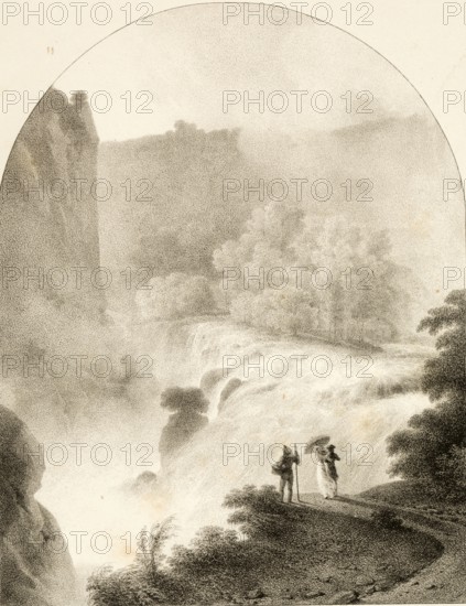 Cascata delle Marmore, marble fall, three-part, artificially created waterfall near Terni in the Italian region of Umbria, around 1830, Italy, authentic, digitally restored reproduction from a 19th century model, exact date of presentation unknown, historical