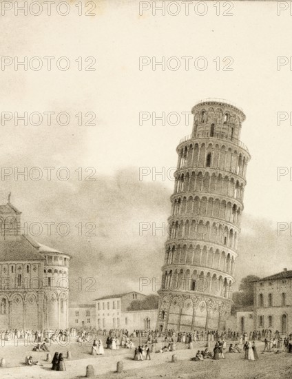 The Leaning Tower of Pisa around 1830, Italy, authentic, digitally restored reproduction from a 19th century model, exact date of depiction unknown, historical