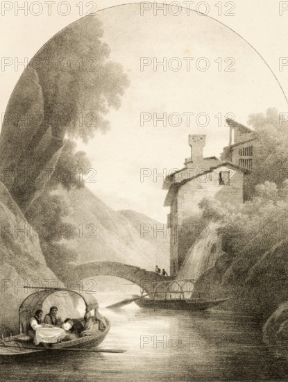 Nesso Bridge, Ponte della Civera, sights on Lake Como. This historic stone bridge in Romanesque style straddles the spectacular Orrido di Nesso gorge, around 1830, Como, Italy, authentic, digitally restored reproduction from a 19th-century model, exact date of depiction unknown, historical