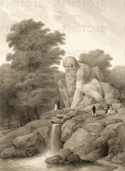 Colossus of Apennines, Il Colosso dell'Appennino, monumental sculpture in the Parco Mediceo di Pratolino, Villa Demidoff, north of Florence in the municipality of Vaglia, around 1860, Italy, authentic, digitally restored reproduction from a 19th century original, exact date of depiction unknown, historical