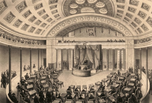 Senate Chamber, meeting room of the US Senate at the Capitol in Washington, D.C, around 1860, America, authentic, digitally restored reproduction from a 19th-century model, exact date of presentation unknown, historical