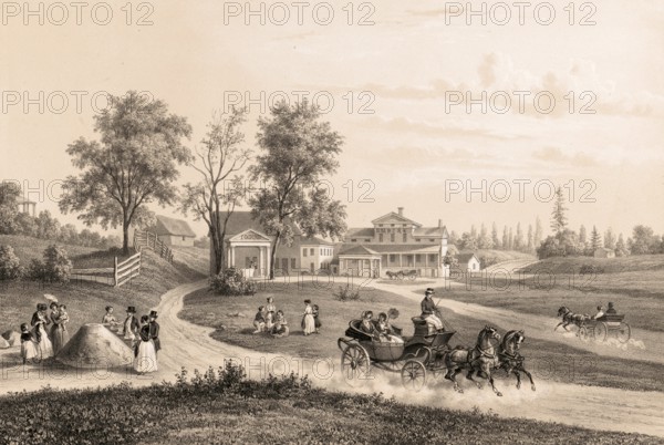 High Rock Sprin, Highrock Iodine, and the Empire Spring, historically significant mineral springs, around 1860, in Saratoga Springs, New York, America, authentic, digitally restored reproduction from a 19th-century original, exact date of presentation unknown, historical