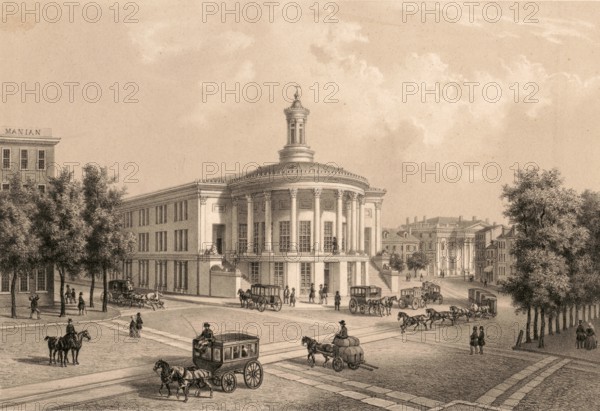 Merchants' Exchange Building in Philadelphia is a historic building in Independence National Historical Park, 1860, America, authentic, digitally restored reproduction from a 19th century original, exact date of depiction unknown, historic