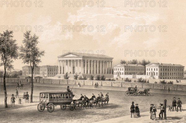 Girard College, college preparation boarding school on a 43-acre campus in Philadelphia, Pennsylvania. The school was founded after his death in 1831 from the shipping and banking assets of Stephen Girard and permanently equipped in Philadelphia, around 1860, America, authentic, digitally restored reproduction from a 19th century original, exact date of presentation unknown, historical
