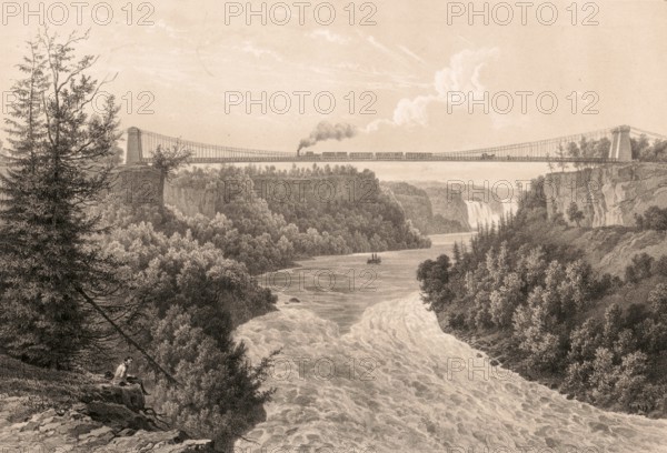 Niagara Falls, Niagara Falls, around 1860, Suspension Bridge, America, Canada, authentic, digitally restored reproduction from a 19th century model, exact date of depiction unknown, historical