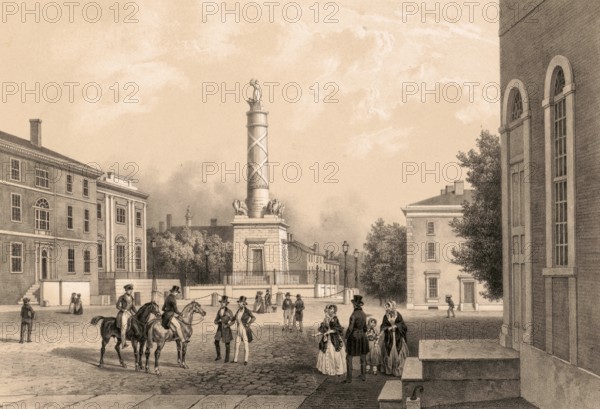 The Battle Monument is located at Battle Monument Square on North Calvert Street between East Fayette Street and East Lexington Street in Baltimore, Maryland, around 1880, America, authentic, digitally restored reproduction from a 19th-century original, exact date of depiction unknown, historical