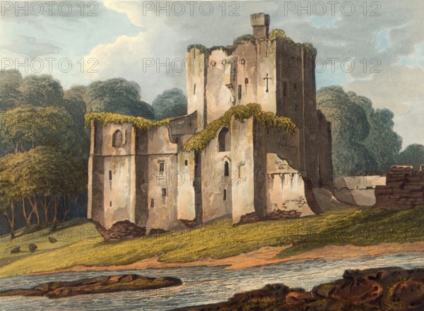 Brougham Castle is the ruin of a medieval castle about 3 kilometers southeast of Penrith in the English county of Cumbria, around 1860, England, authentic, digitally restored reproduction from a 19th-century model, exact date of depiction unknown, historical