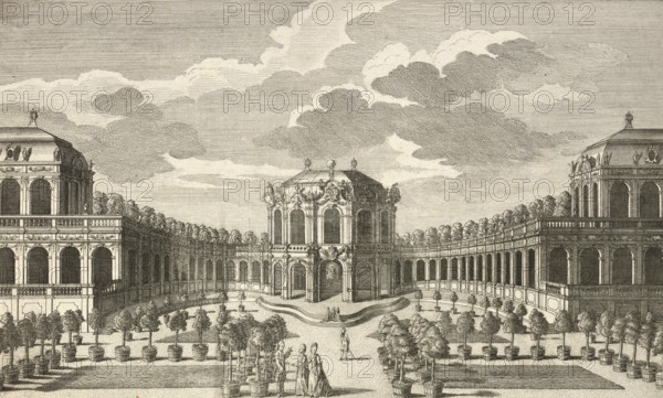 Lustschloss und Kurfürstlicher Zwinger in Dresden, around 1850, Germany, authentic, digitally restored reproduction from a 19th century model, exact date of depiction unknown, historical