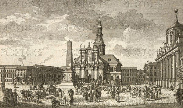 The old market in Potsdam, around 1850, Germany, authentic, digitally restored reproduction from a 19th century model, exact date of presentation unknown, historical