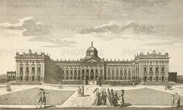 Royal Palace near Potsdam, main façade, seen from the colnoades, around 1850, Germany, authentic, digitally restored reproduction from a 19th century model, exact date of presentation unknown, historical