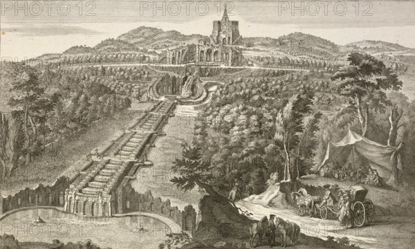 View of Karlsberg and the famous caves and waterfalls near Kassel, around 1850, Germany, authentic, digitally restored reproduction from a 19th century model, exact date of depiction unknown, historical