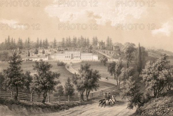 Laurel Hill Cemetery, Laurel Hill East, historic rural cemetery in the East Falls district of Philadelphia, 1860, America, authentic, digitally restored reproduction from a 19th century original, exact date of depiction unknown, historical